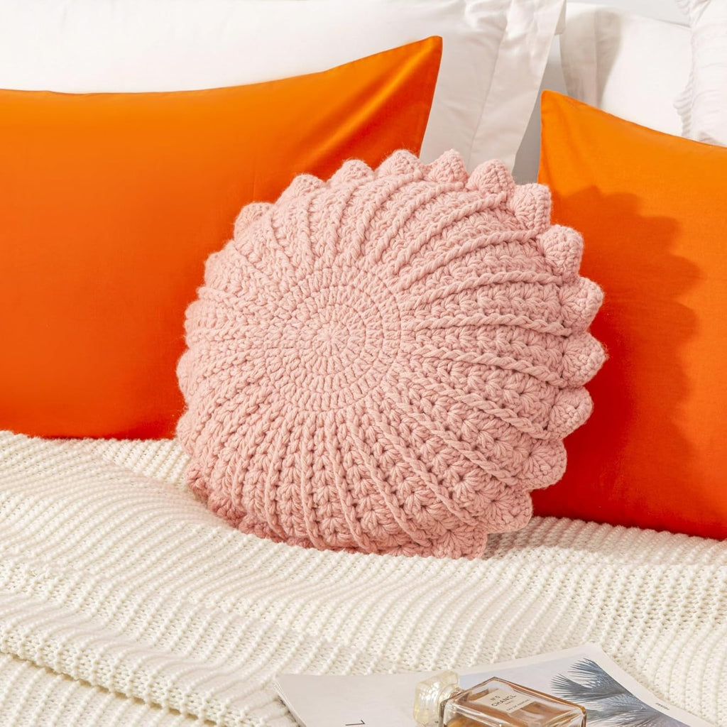 Knitted Throw Pillow Round Couch Pillow Handmade Decorative Plush Pillow Cute Cushion (Pink, 18inch)