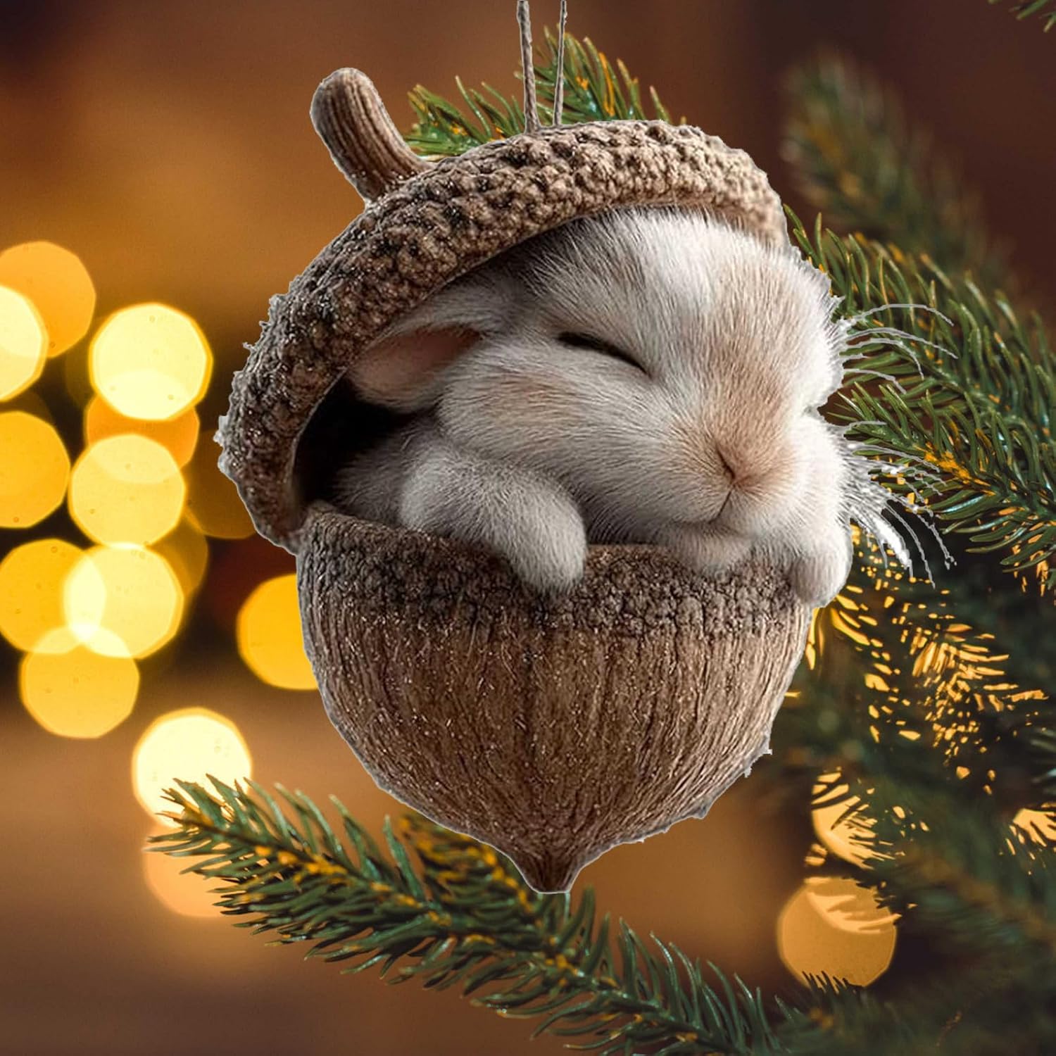 3D Forest Animal Acorn Ornaments, Woodland Christmas Decor with Realistic Animal Figures, Resin Hanging Ornaments for Christmas Tree, Home, Party Decor, Cozy Forest Theme Collection (Bunny)