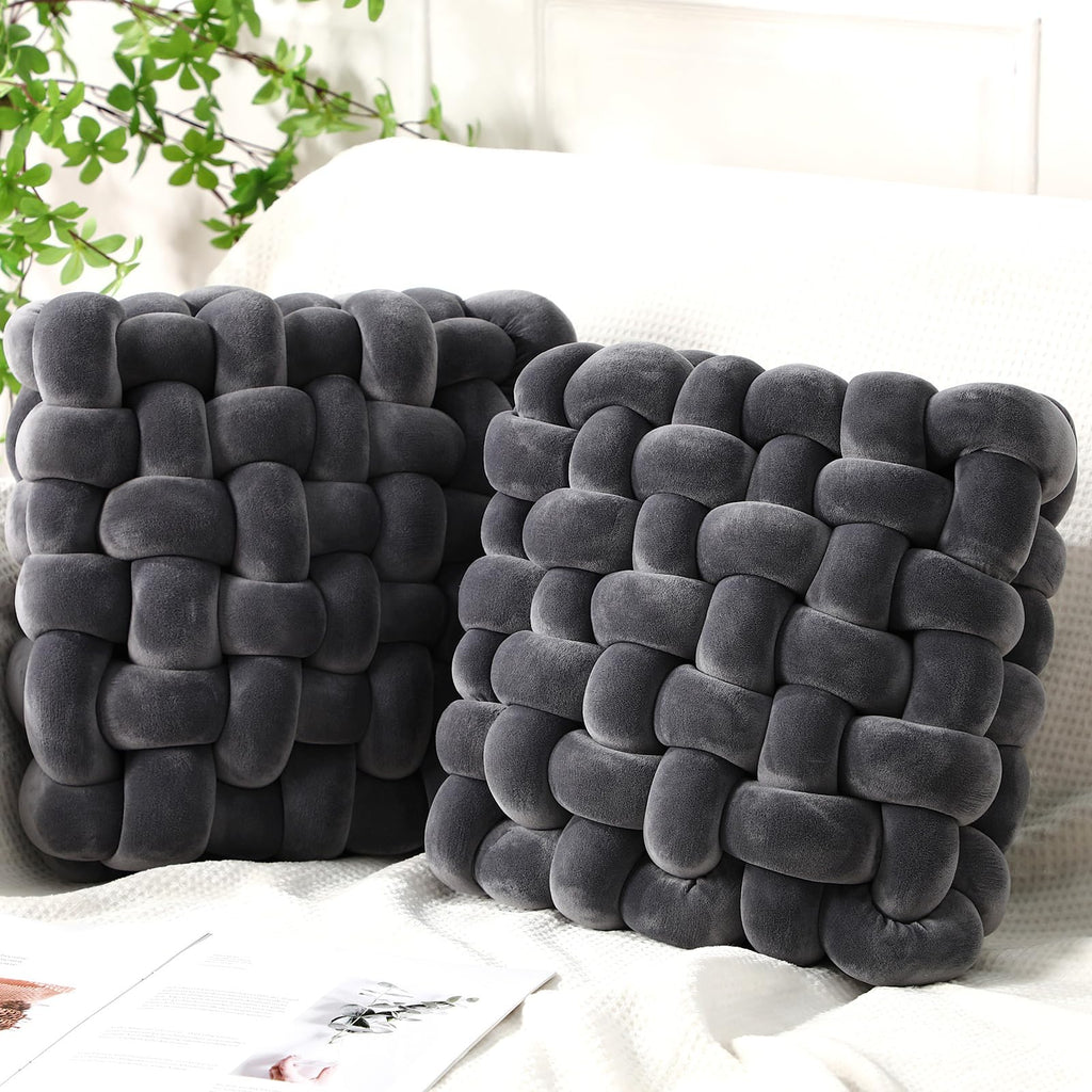 Wenqik 2 Pcs Knot Pillows Square Knotted Plush Throws Soft Accent Pillows Decoration Cushion for Couch Home Office Living Room Bedroom Bed Sofa Decor, 12'' x 13''(Ivory,Crystal Velvet)