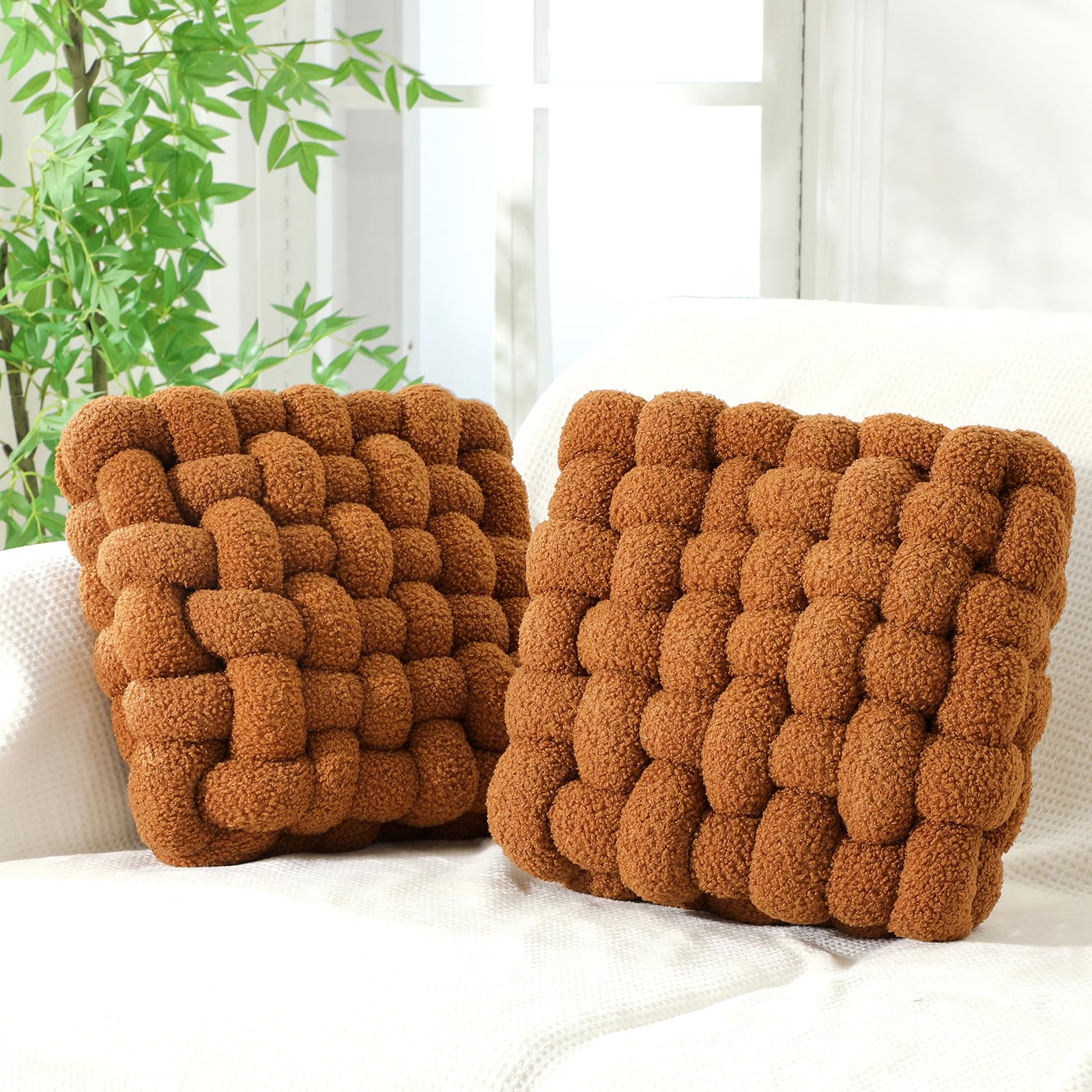 Wenqik 2 Pcs Knot Pillows Square Knotted Plush Throws Soft Accent Pillows Decoration Cushion for Couch Home Office Living Room Bedroom Bed Sofa Decor, 12'' x 13''(Ivory,Crystal Velvet)