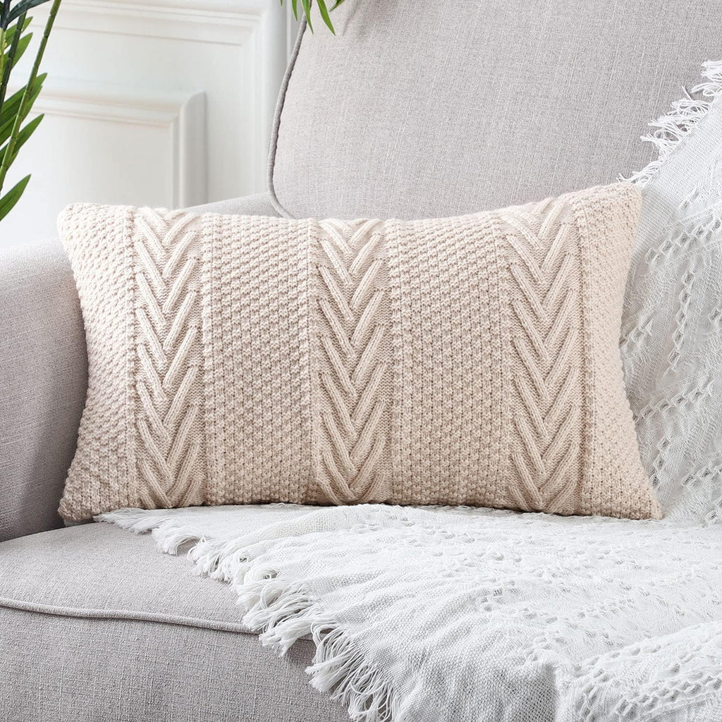 MANDIOO Cotton Knitted Decorative Throw Pillow Covers Soft Cozy Outdoor Cushion Cases Luxury Modern Pillowcases for Couch Sofa Bed 20x20 Inches Beige