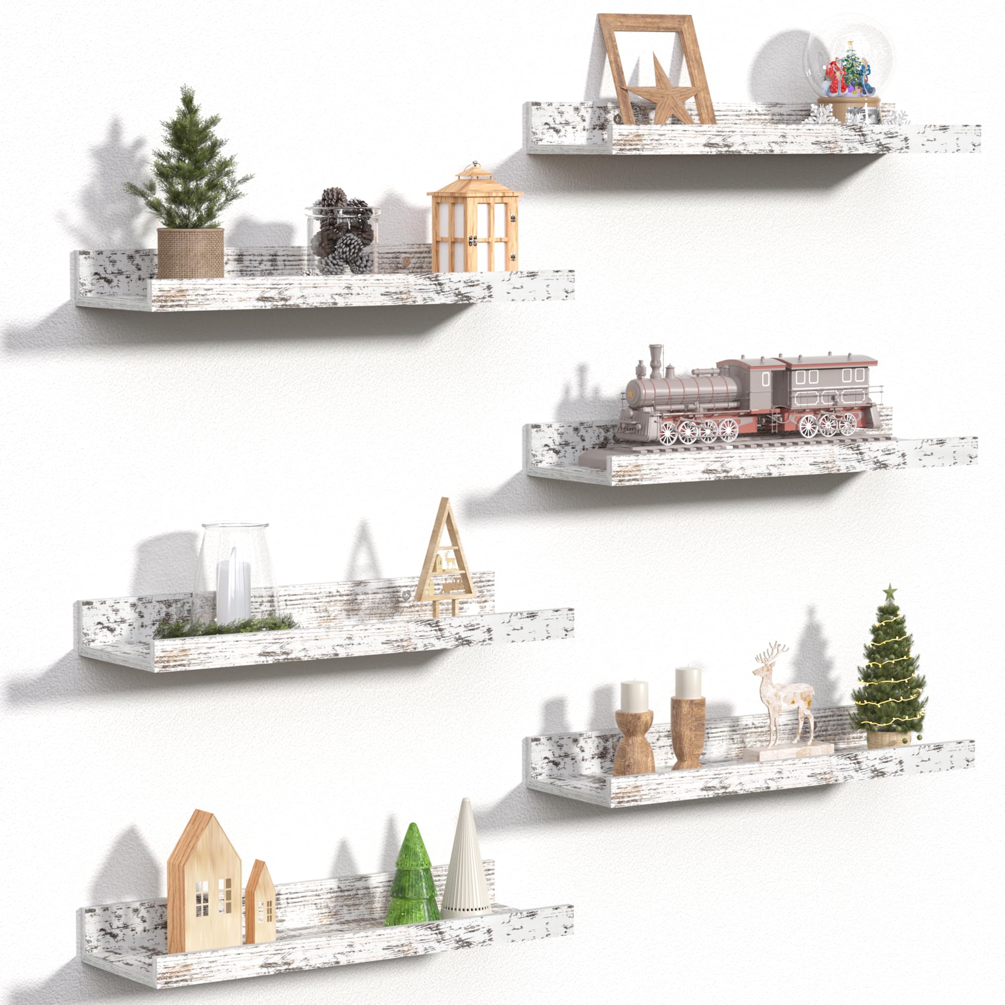 upsimples 6 Pack Wooden Floating Shelves, Wall Storage Decor Shelf for Bathroom, Bedroom, Living Room, Kitchen, Office and Laundry Room, Wall Mounted Display Hanging Shelf, Brown