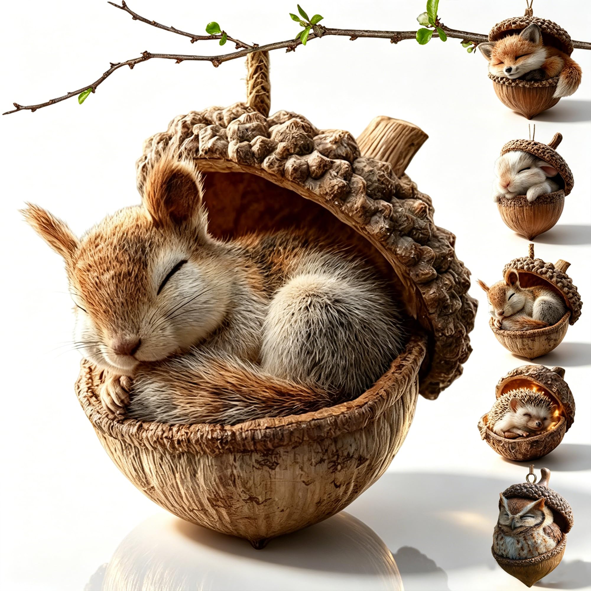 3D Forest Animal Acorn Ornaments, Woodland Christmas Decor with Realistic Animal Figures, Resin Hanging Ornaments for Christmas Tree, Home, Party Decor, Cozy Forest Theme Collection (Bunny)