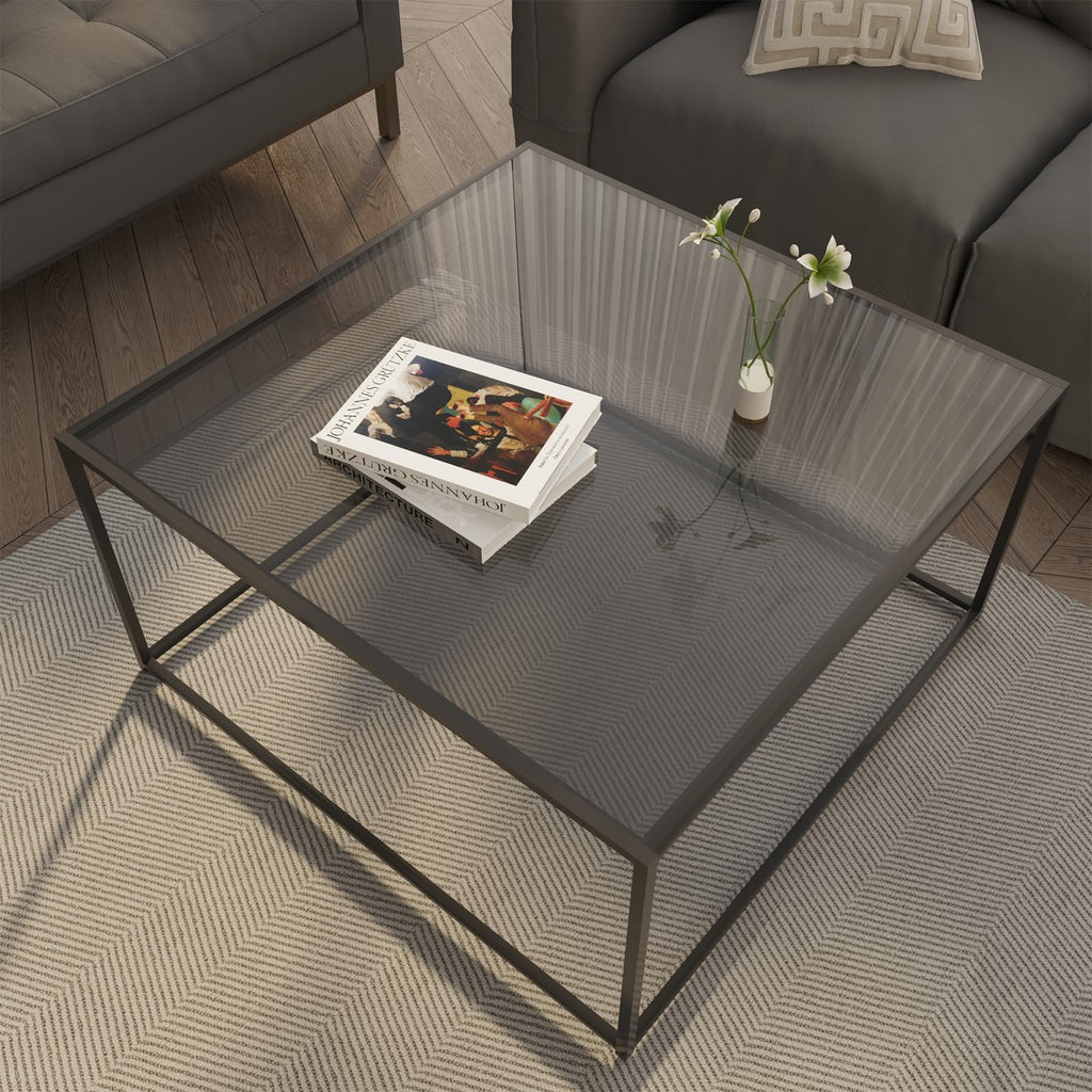 Glass Coffee Table Modern Center Table,Minimalist Coffee Table Sofa Side Tea Table for Living Room,Tempered Glass-top with Sturdy Metal Frame, Easy Assembly,26.4 x 26.4 x 15.7 Inches, Black