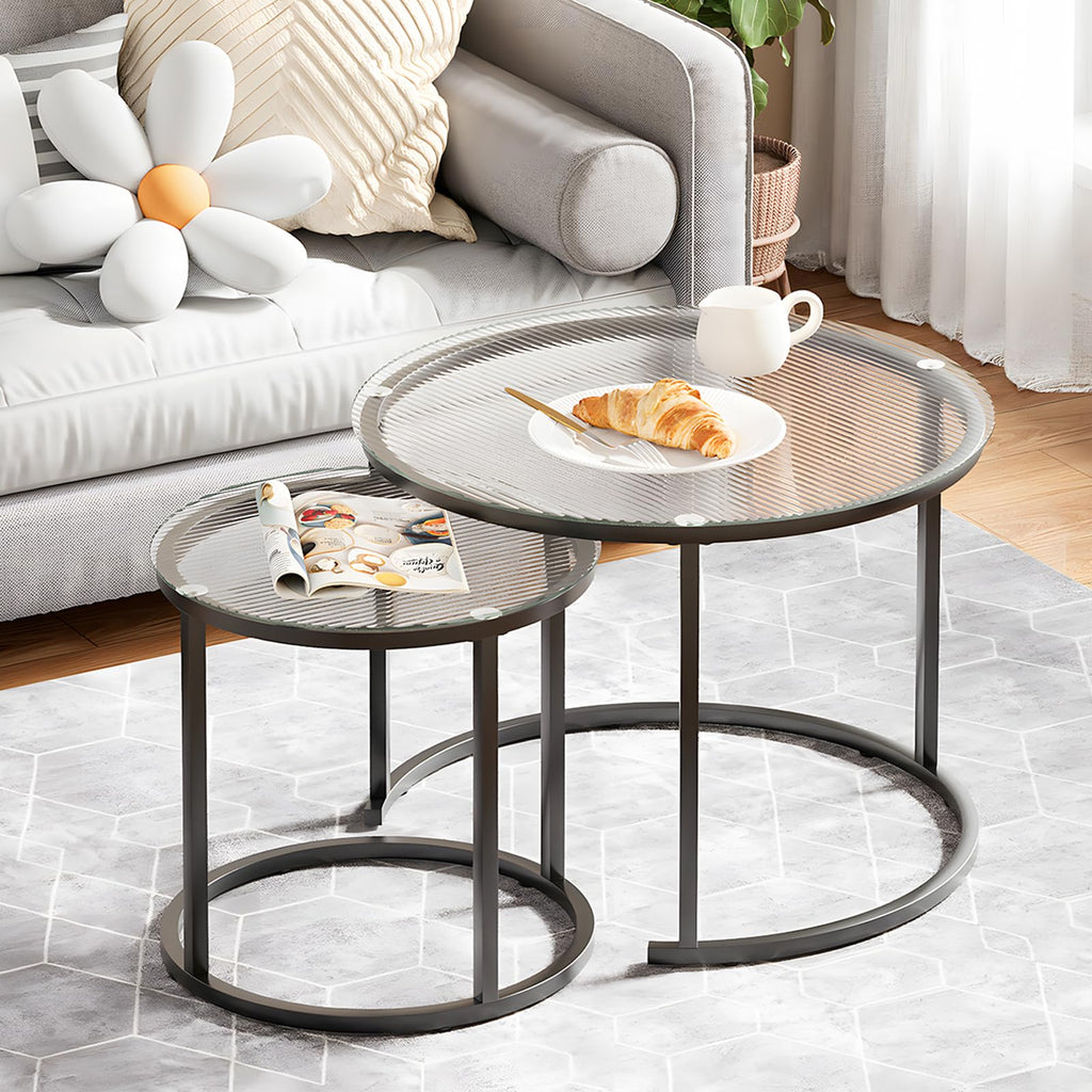 2 Pack Nesting Round Coffee Tables, Rustic Brown Side End Tables with Solid Metal Frame for Living Room Bedroom Apartment Industrial Nightstand