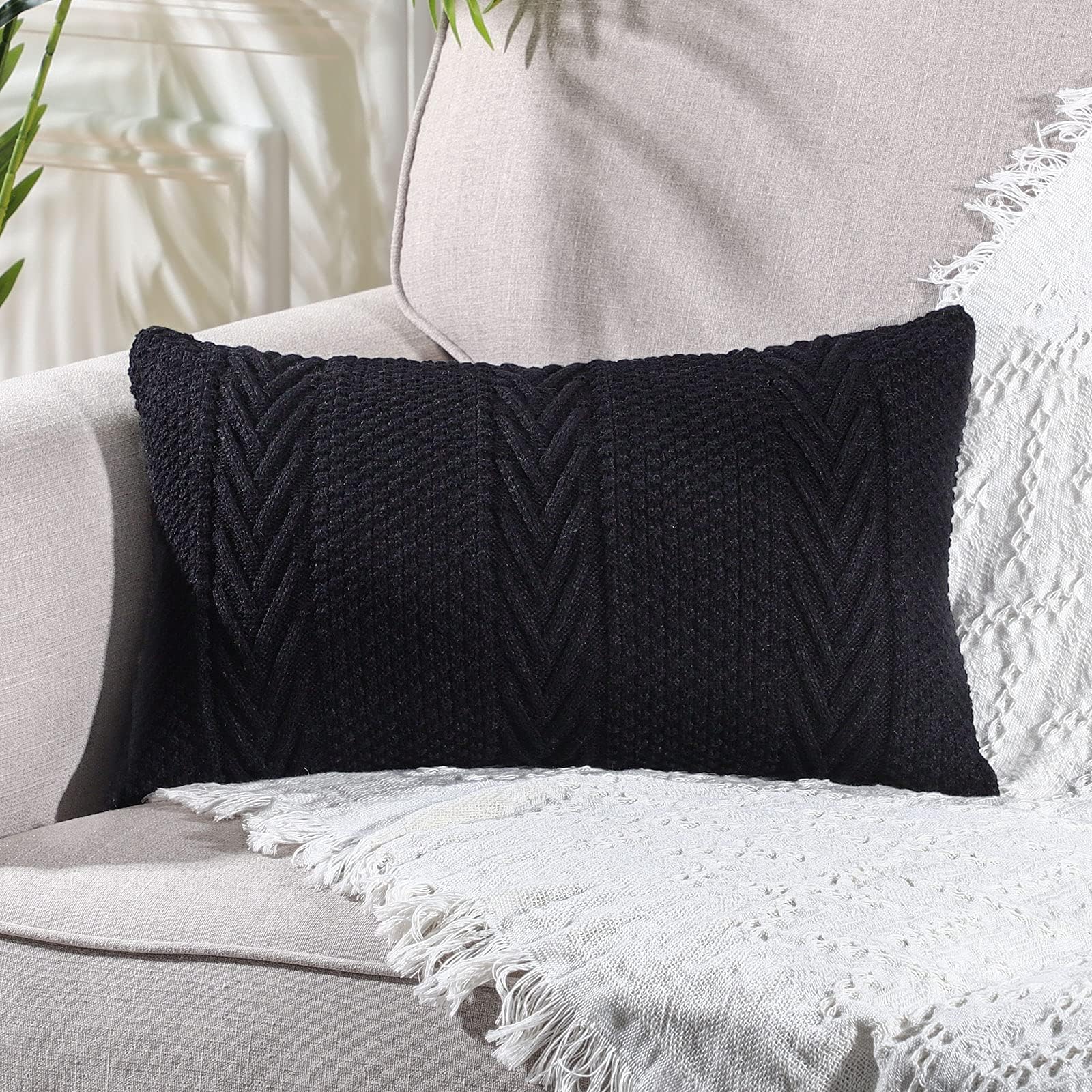 MANDIOO Cotton Knitted Decorative Throw Pillow Covers Soft Cozy Outdoor Cushion Cases Luxury Modern Pillowcases for Couch Sofa Bed 20x20 Inches Beige