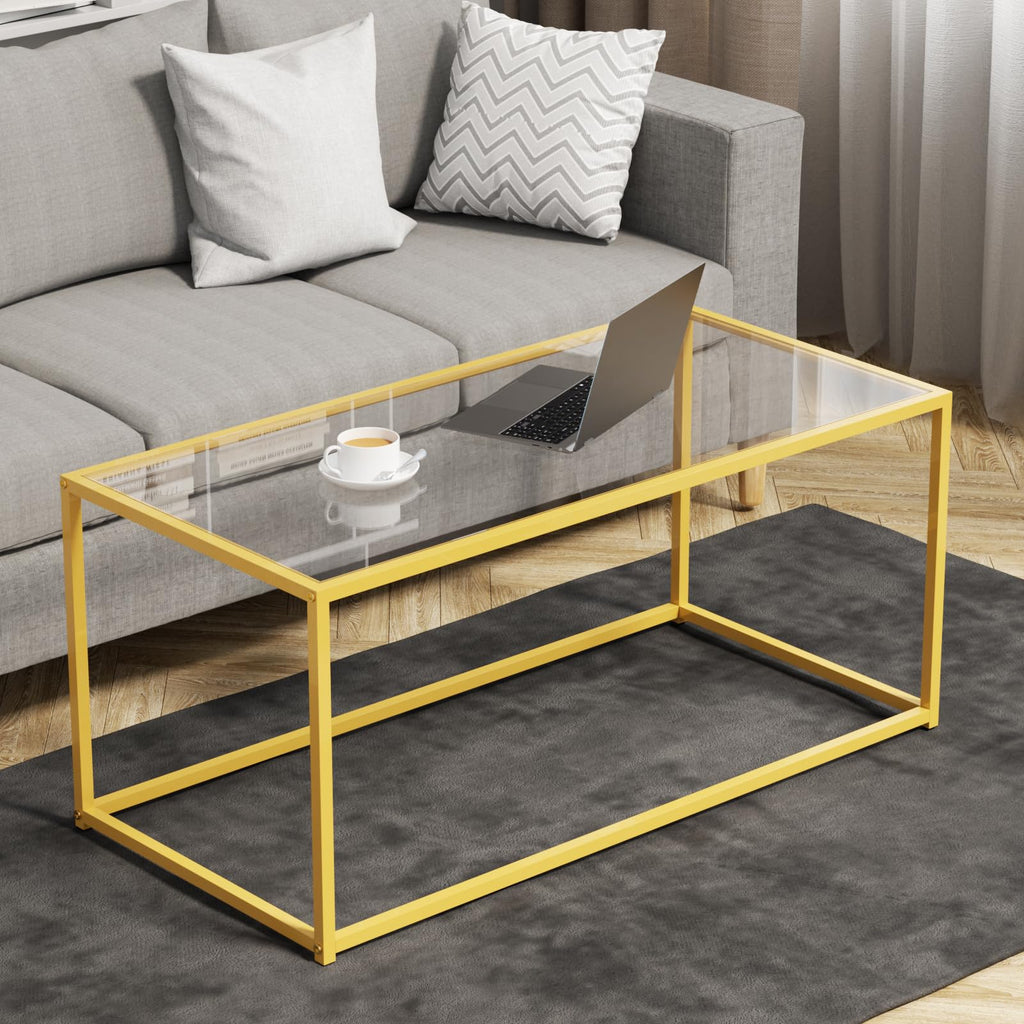 Glass Coffee Table Modern Center Table,Minimalist Coffee Table for Living Room,Tempered Glass-top with Sturdy Metal Frame, Easy Assembly,Black