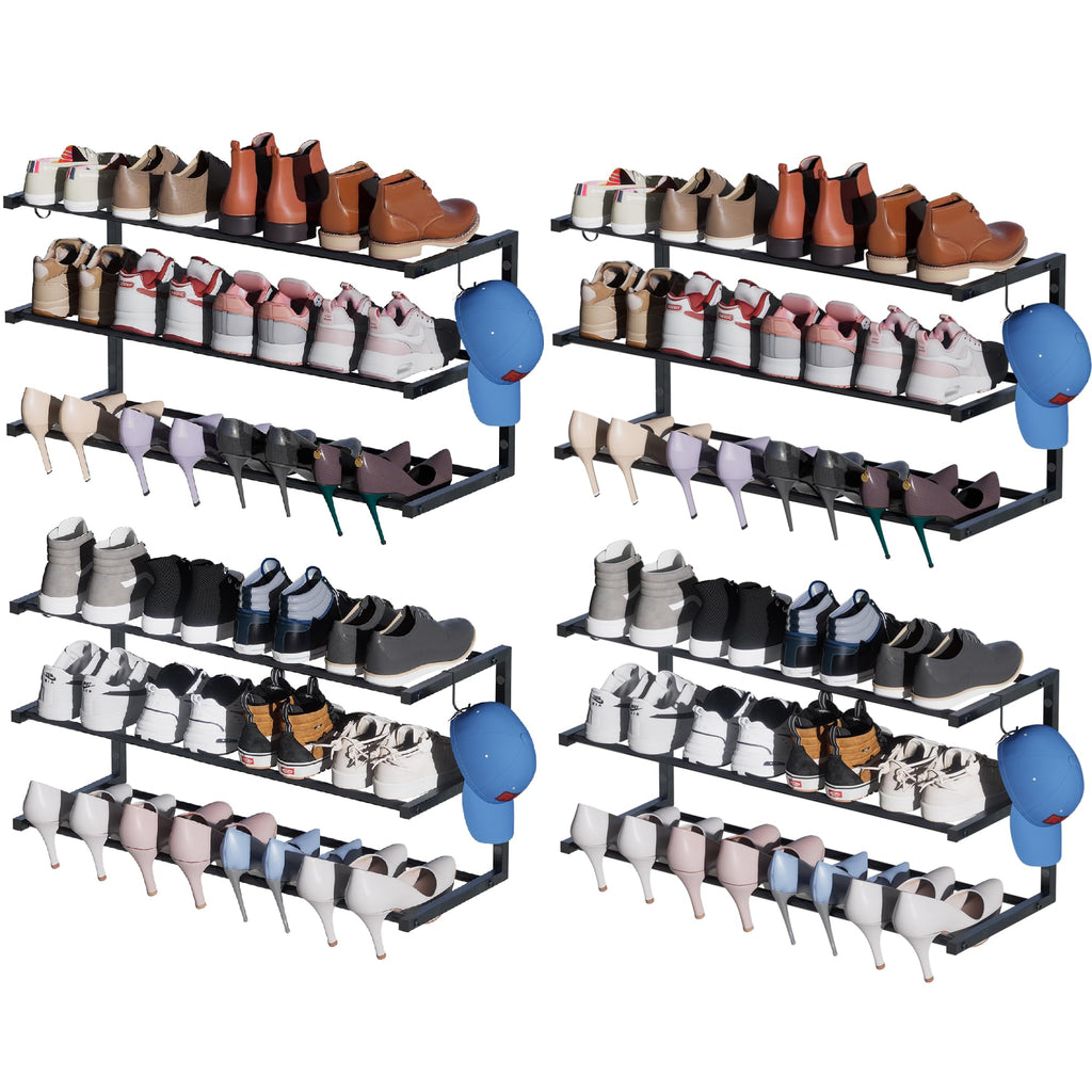 2 Pack Wall Mounted Shoe Rack, 3 Tier Hanging Shoe Rack Holds 24 Pairs, 17"-30"Adjustable Heavy Duty Shoe Organizer Holder with 4 Storage Hooks, Space Saving for Closet Entryway, Black, Patent Pending