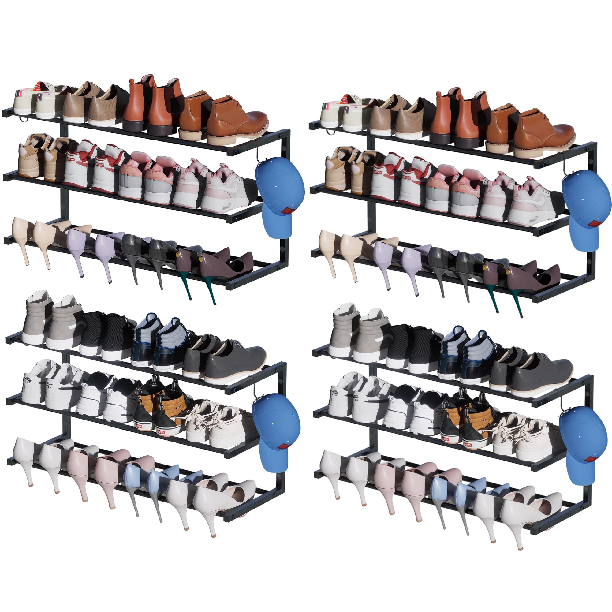 2 Pack Wall Mounted Shoe Rack, 3 Tier Hanging Shoe Rack Holds 24 Pairs, 17"-30"Adjustable Heavy Duty Shoe Organizer Holder with 4 Storage Hooks, Space Saving for Closet Entryway, Black, Patent Pending
