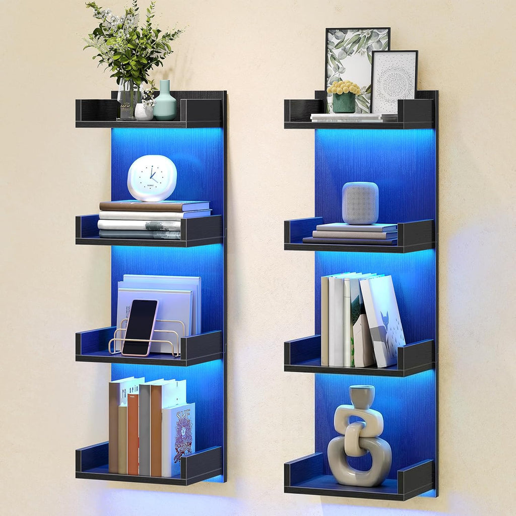 HOOBRO Floating Wall Shelves with LED Lights, Floating Shelf Wall Mounted for Storage, Vertical Display Stand, Modern Column Rack, for Bedroom, Livingroom, 4-Tier, 35.8 Inches, Black, BK41DBJ01