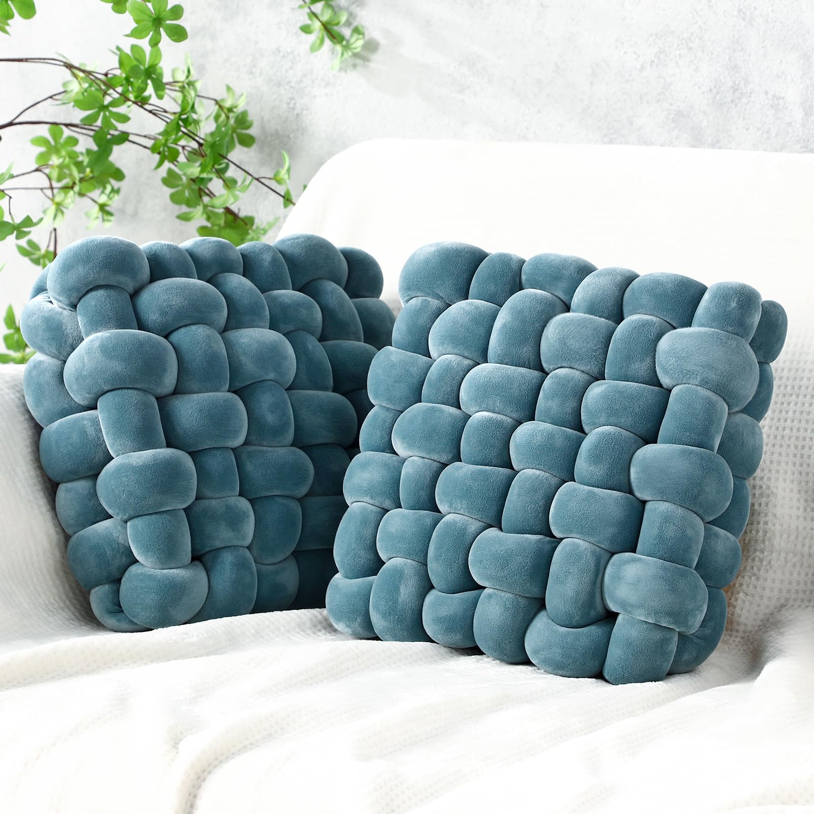 Wenqik 2 Pcs Knot Pillows Square Knotted Plush Throws Soft Accent Pillows Decoration Cushion for Couch Home Office Living Room Bedroom Bed Sofa Decor, 12'' x 13''(Ivory,Crystal Velvet)