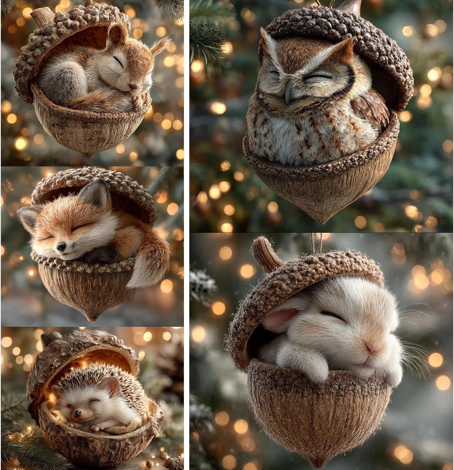 3D Forest Animal Acorn Ornaments, Woodland Christmas Decor with Realistic Animal Figures, Resin Hanging Ornaments for Christmas Tree, Home, Party Decor, Cozy Forest Theme Collection (Bunny)