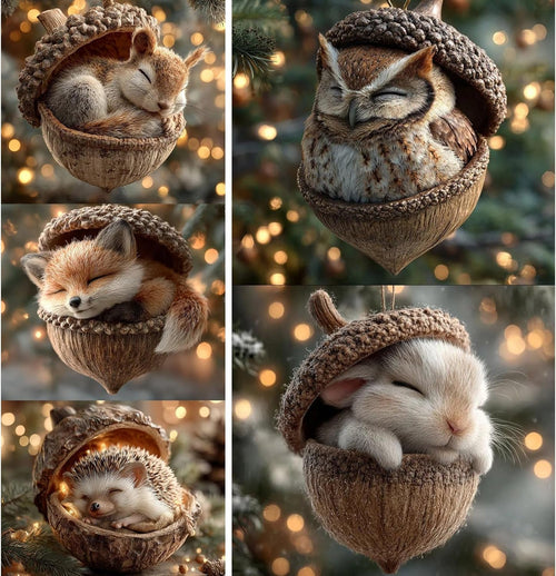 3D Forest Animal Acorn Ornaments, Woodland Christmas Decor with Realistic Animal Figures, Resin Hanging Ornaments for Christmas Tree, Home, Party Decor, Cozy Forest Theme Collection (Bunny)