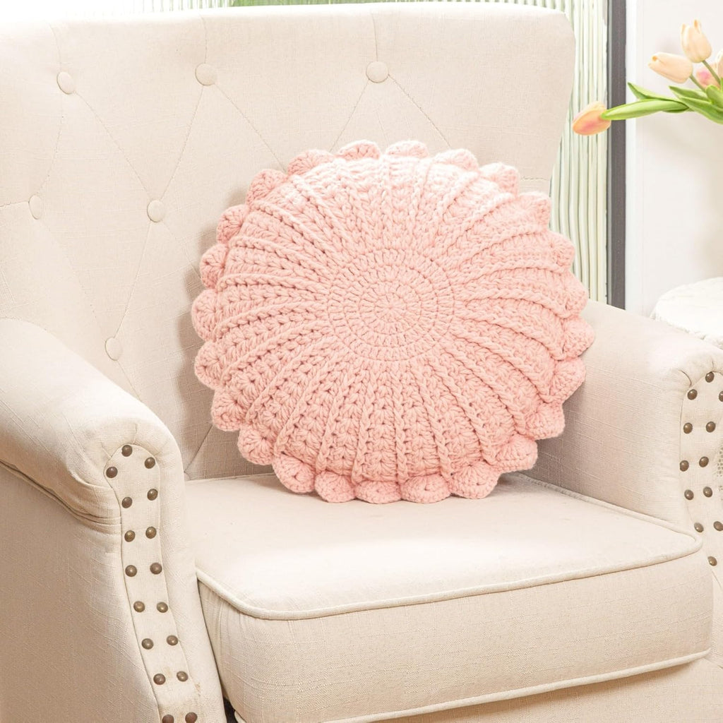 Knitted Throw Pillow Round Couch Pillow Handmade Decorative Plush Pillow Cute Cushion (Pink, 18inch)