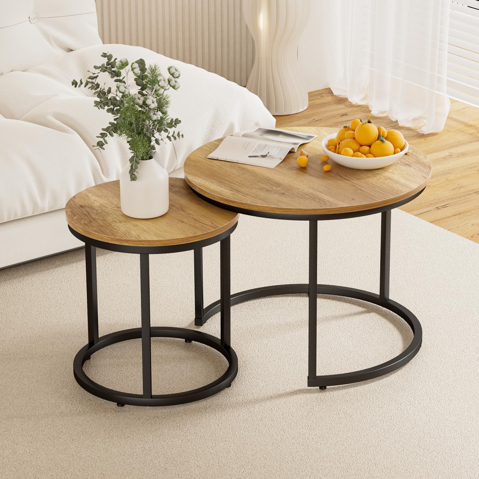 Smuxee Nesting Coffee Table Set of 2, 27.6" Round Coffee Table Wood Grain Top with Adjustable Non-Slip Feet, Industrial End Table Side Tables for Living Room Bedroom Balcony Yard