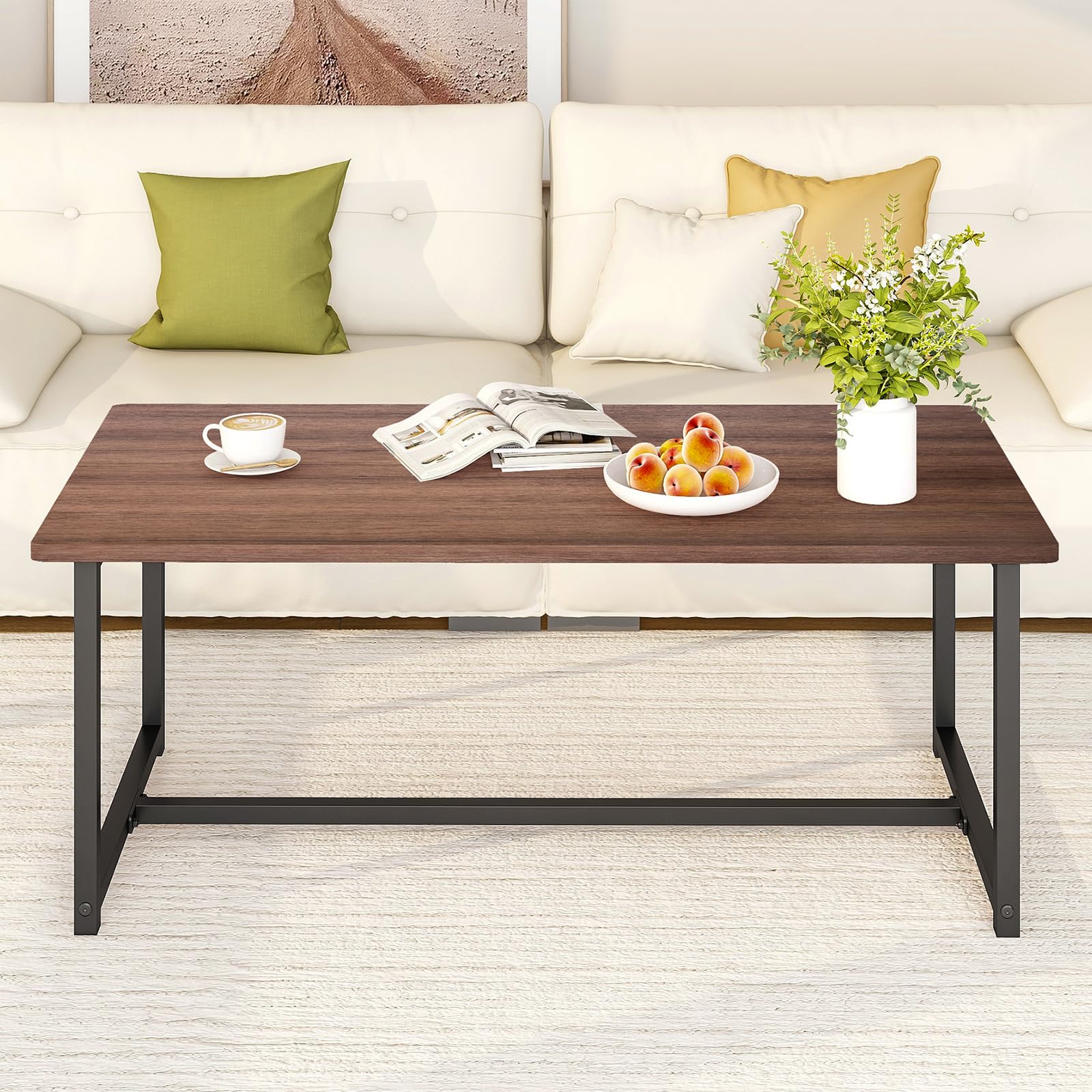 Farmhouse Coffee Table Rectangular Center Table for Living Room Table Wooden Tabletop with Metal Frame,Mid Century Modern Design,Easy Assembly,Wood Coffee Table,Grey