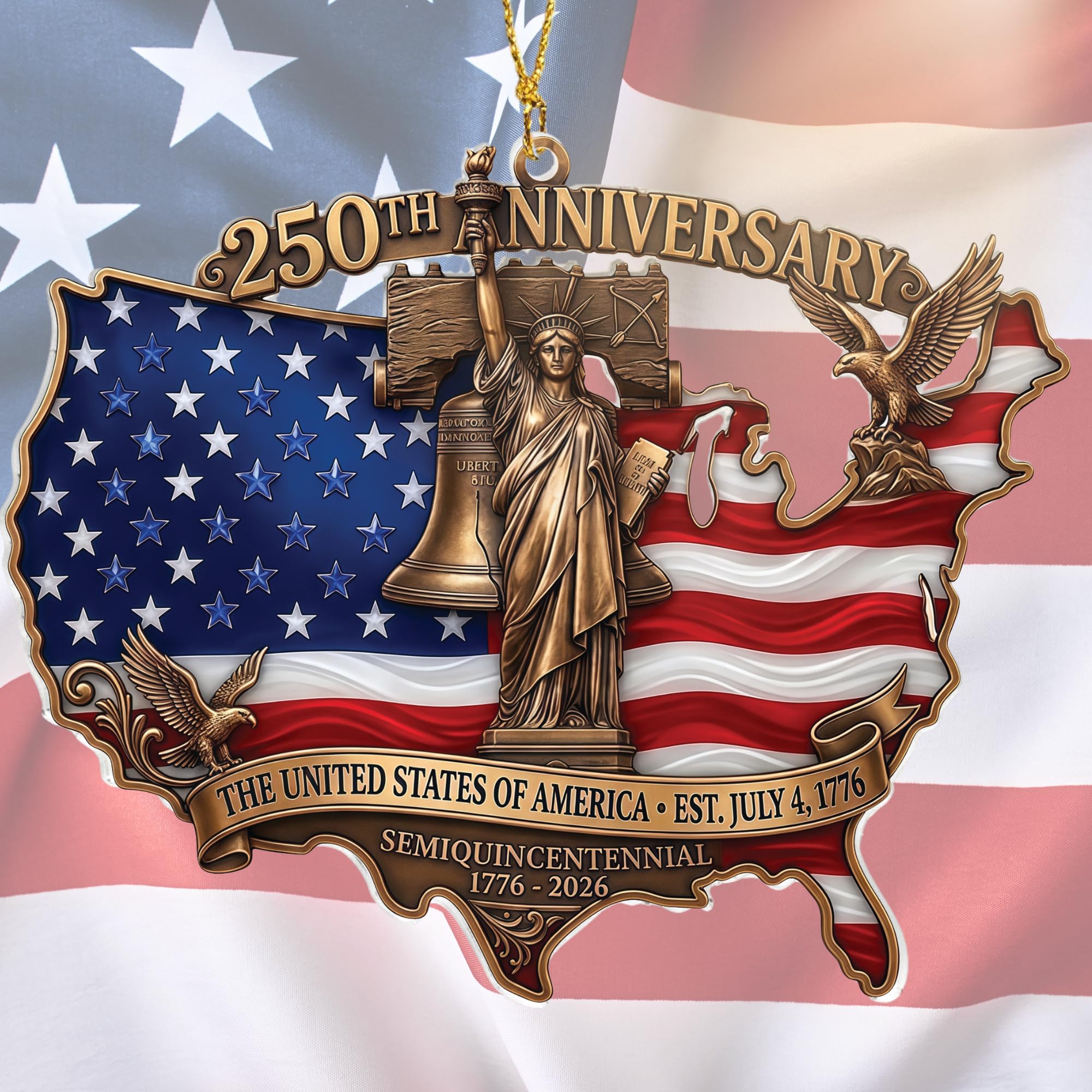 Patriotic Decorations 250 Anniversary USA Ornament - Statue of Liberty Bell, 4th of July Independence Day Tree Decor, 1776-2026 Commemorative Gift, Liberty Bell Flat Acrylic for Proud Veterans