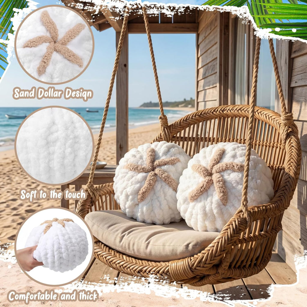 Breling 2 Pack Light Brown Hand Crochet Sand Dollar Knit Throw Pillows, Coastal Nautical Decor Cushions for Couch Beach Nursery
