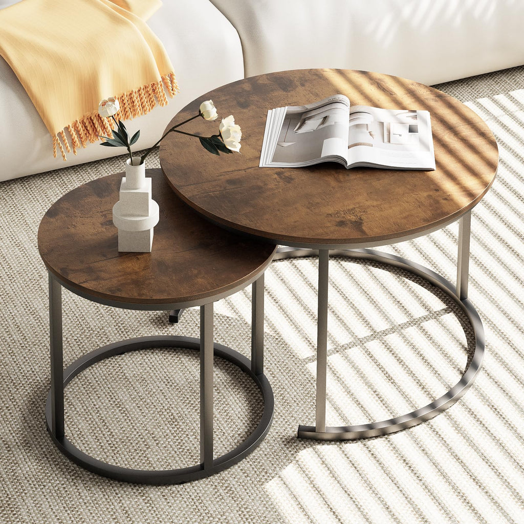 2 Pack Nesting Round Coffee Tables, Rustic Brown Side End Tables with Solid Metal Frame for Living Room Bedroom Apartment Industrial Nightstand