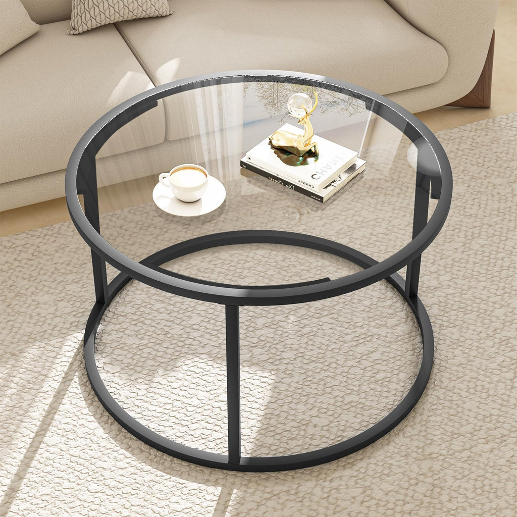 Glass Coffee Table Modern Center Table,Minimalist Coffee Table for Living Room,Tempered Glass-top with Sturdy Metal Frame, Easy Assembly,Black