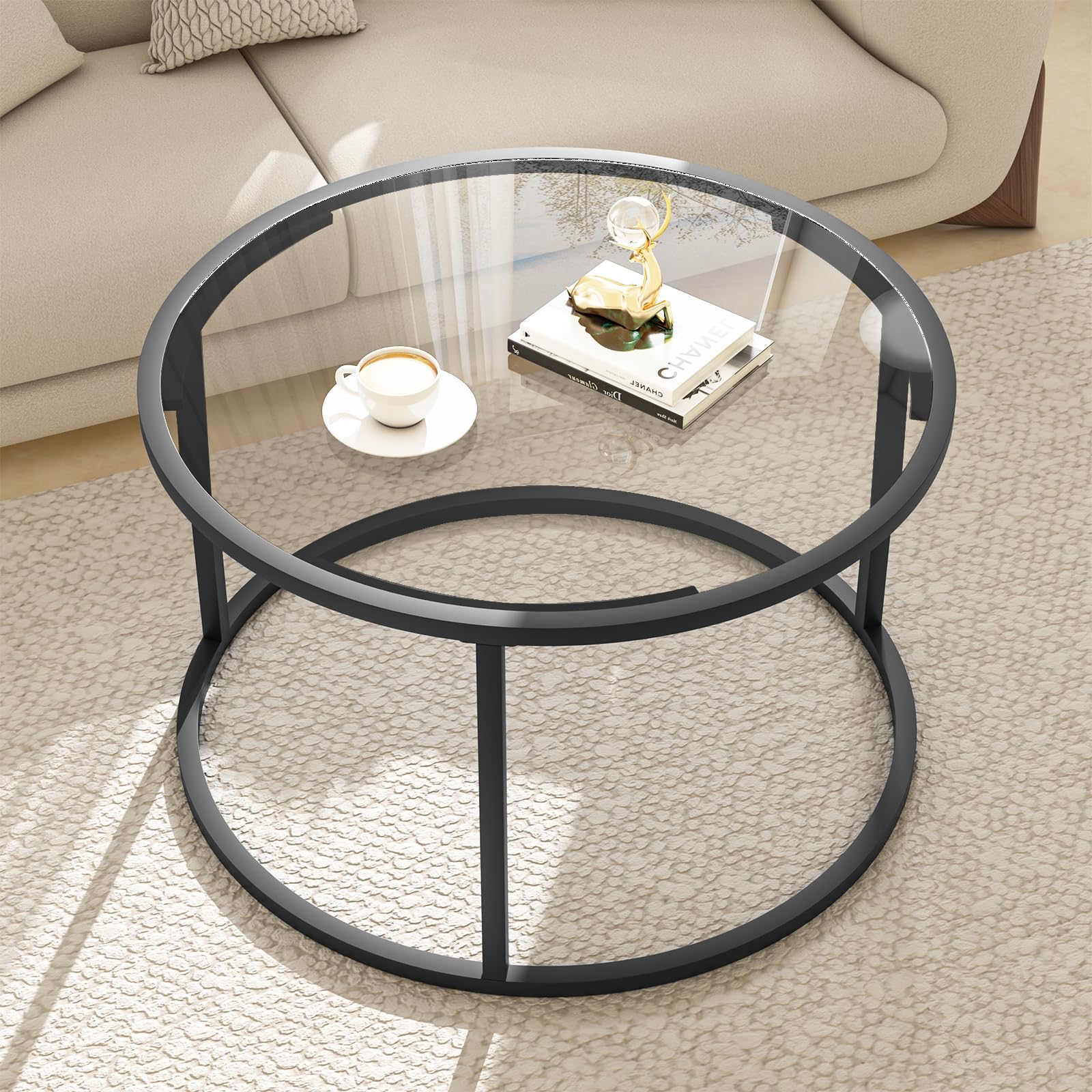 Glass Coffee Table Modern Center Table,Minimalist Coffee Table for Living Room,Tempered Glass-top with Sturdy Metal Frame, Easy Assembly,Black