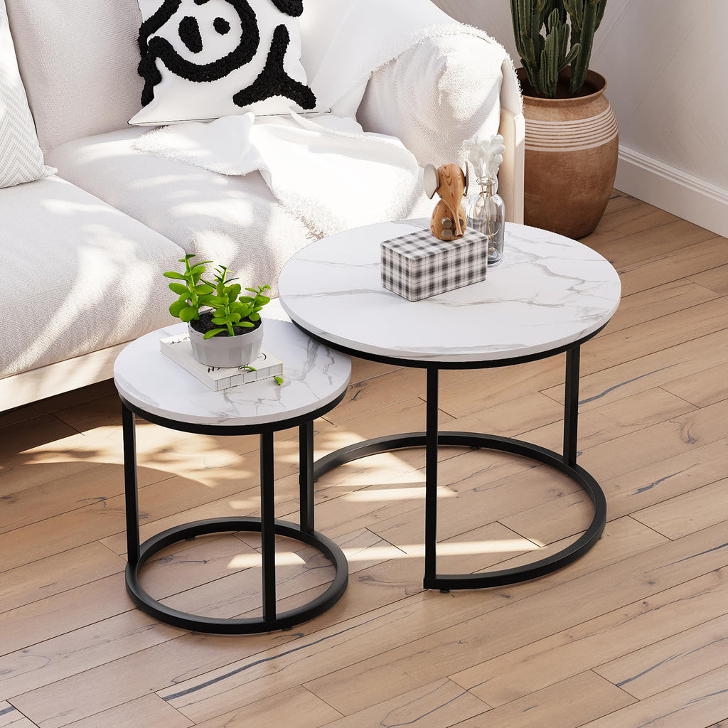 Smuxee Nesting Coffee Table Set of 2, 27.6" Round Coffee Table Wood Grain Top with Adjustable Non-Slip Feet, Industrial End Table Side Tables for Living Room Bedroom Balcony Yard