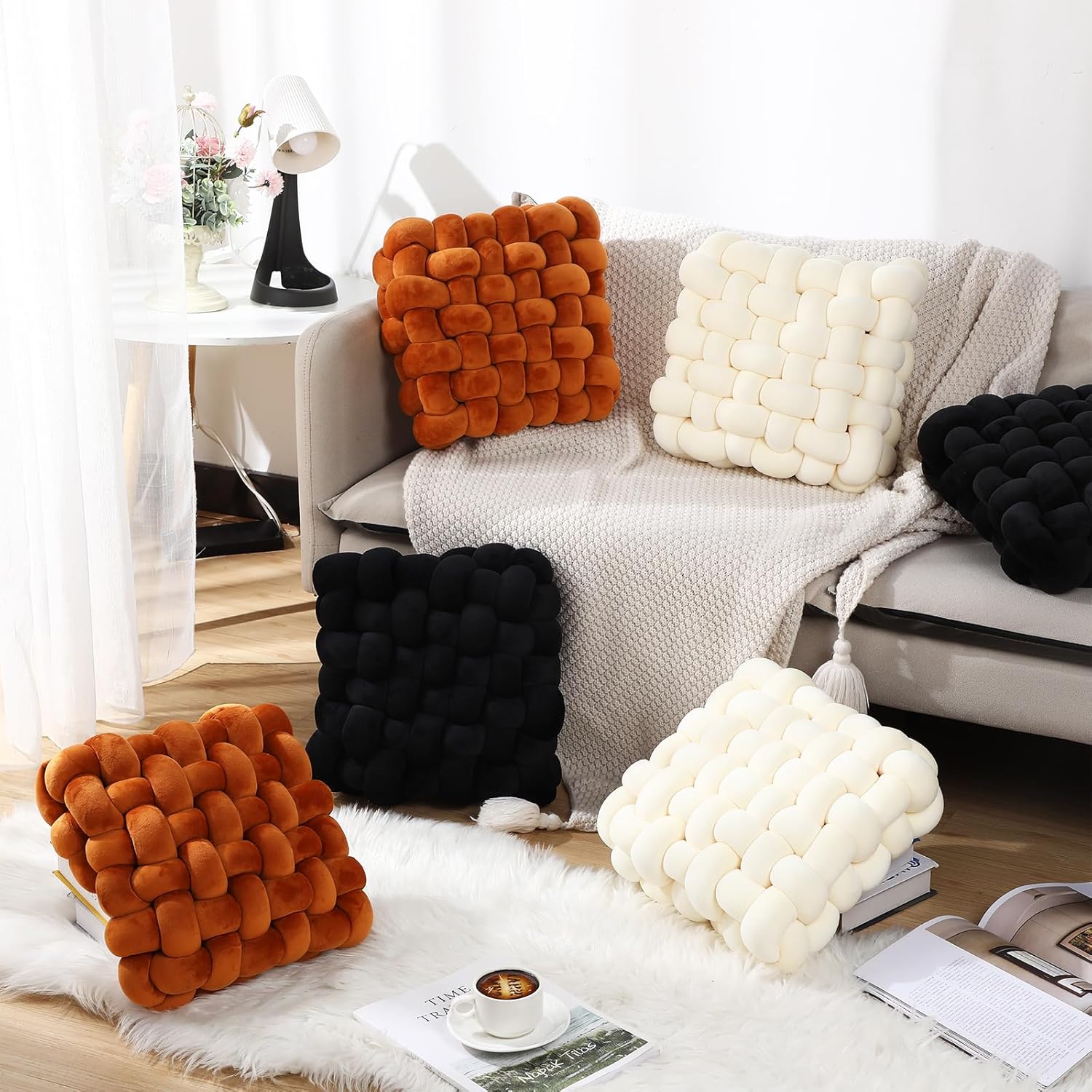 Wenqik 2 Pcs Knot Pillows Square Knotted Plush Throws Soft Accent Pillows Decoration Cushion for Couch Home Office Living Room Bedroom Bed Sofa Decor, 12'' x 13''(Ivory,Crystal Velvet)