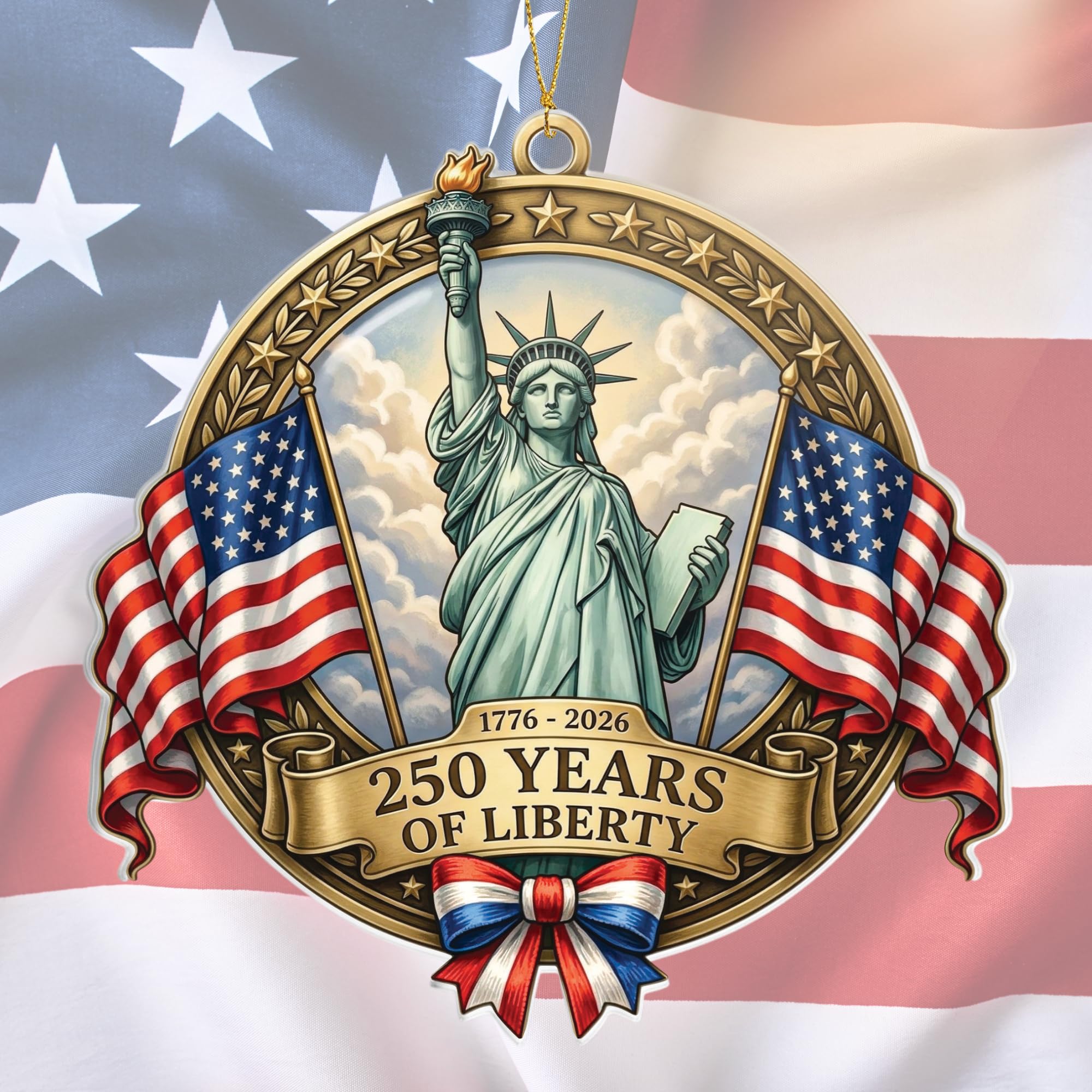 Patriotic Decorations 250 Anniversary USA Ornament - Statue of Liberty Bell, 4th of July Independence Day Tree Decor, 1776-2026 Commemorative Gift, Liberty Bell Flat Acrylic for Proud Veterans