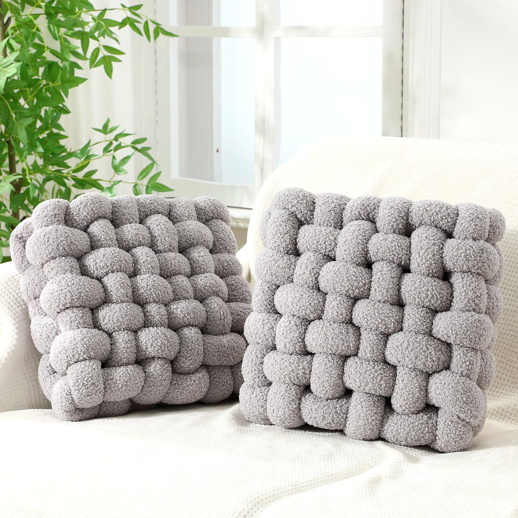 Wenqik 2 Pcs Knot Pillows Square Knotted Plush Throws Soft Accent Pillows Decoration Cushion for Couch Home Office Living Room Bedroom Bed Sofa Decor, 12'' x 13''(Ivory,Crystal Velvet)