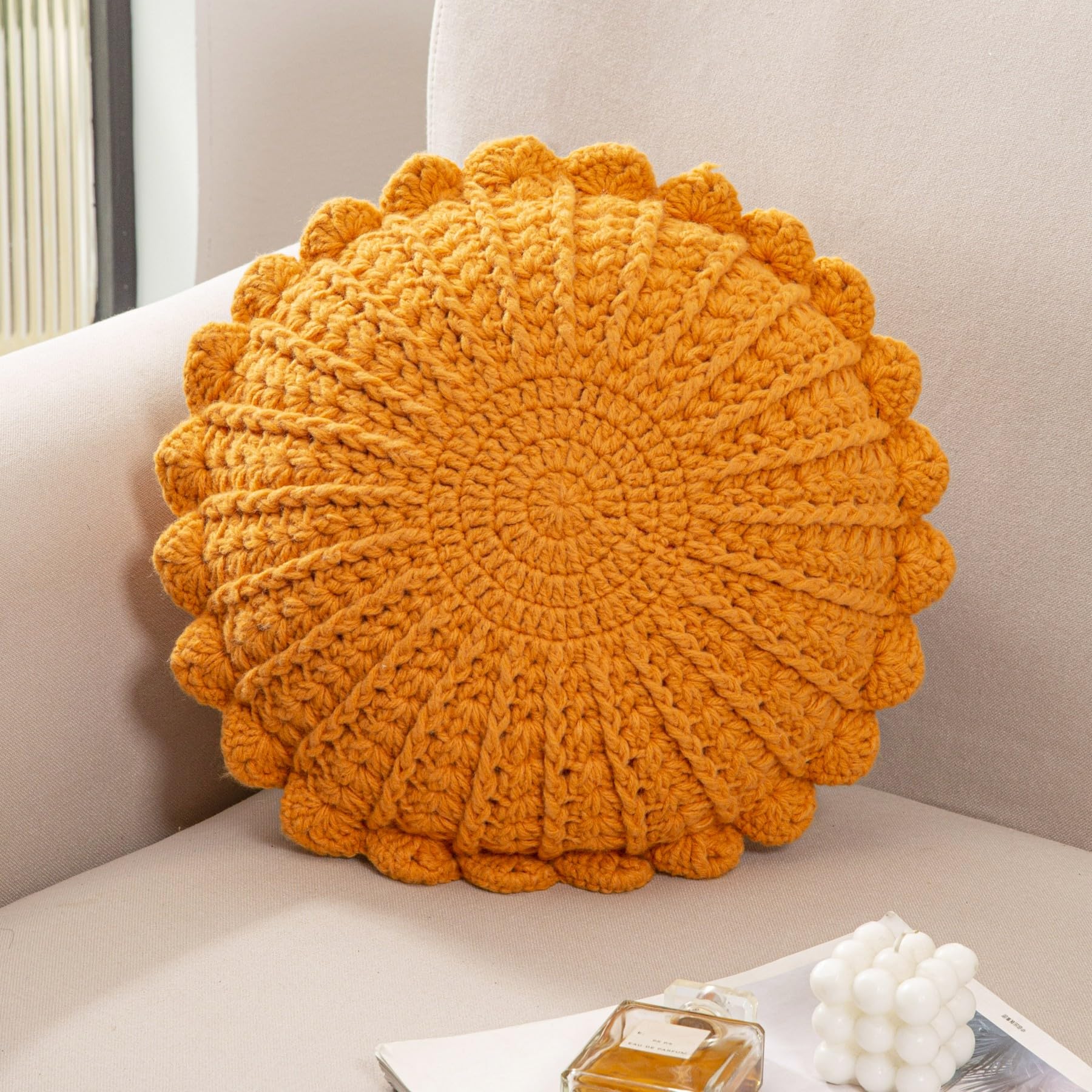 Knitted Throw Pillow Round Couch Pillow Handmade Decorative Plush Pillow Cute Cushion (Pink, 18inch)