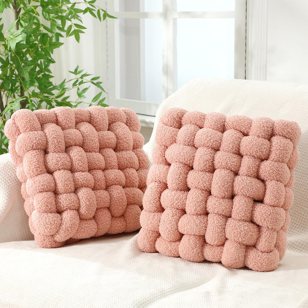 Wenqik 2 Pcs Knot Pillows Square Knotted Plush Throws Soft Accent Pillows Decoration Cushion for Couch Home Office Living Room Bedroom Bed Sofa Decor, 12'' x 13''(Ivory,Crystal Velvet)