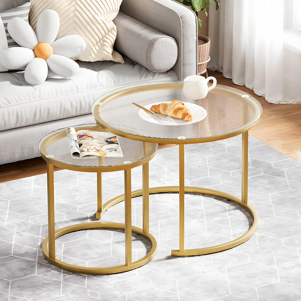 2 Pack Nesting Round Coffee Tables, Rustic Brown Side End Tables with Solid Metal Frame for Living Room Bedroom Apartment Industrial Nightstand