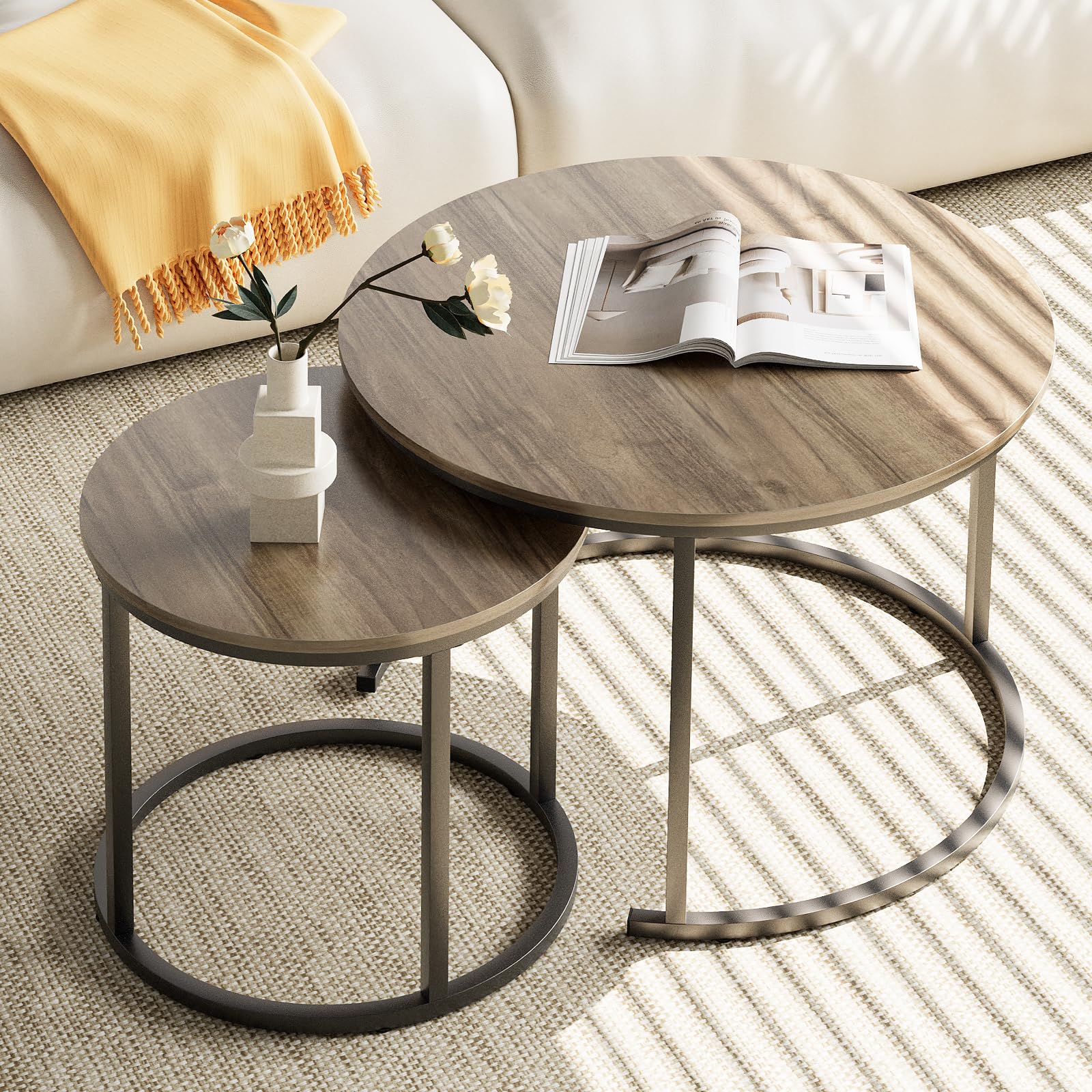 2 Pack Nesting Round Coffee Tables, Rustic Brown Side End Tables with Solid Metal Frame for Living Room Bedroom Apartment Industrial Nightstand