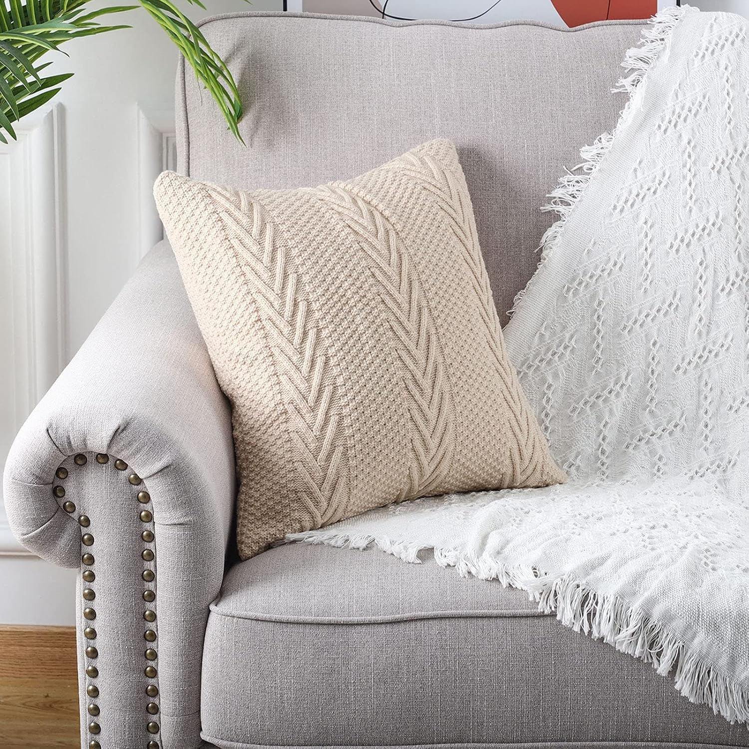 MANDIOO Cotton Knitted Decorative Throw Pillow Covers Soft Cozy Outdoor Cushion Cases Luxury Modern Pillowcases for Couch Sofa Bed 20x20 Inches Beige