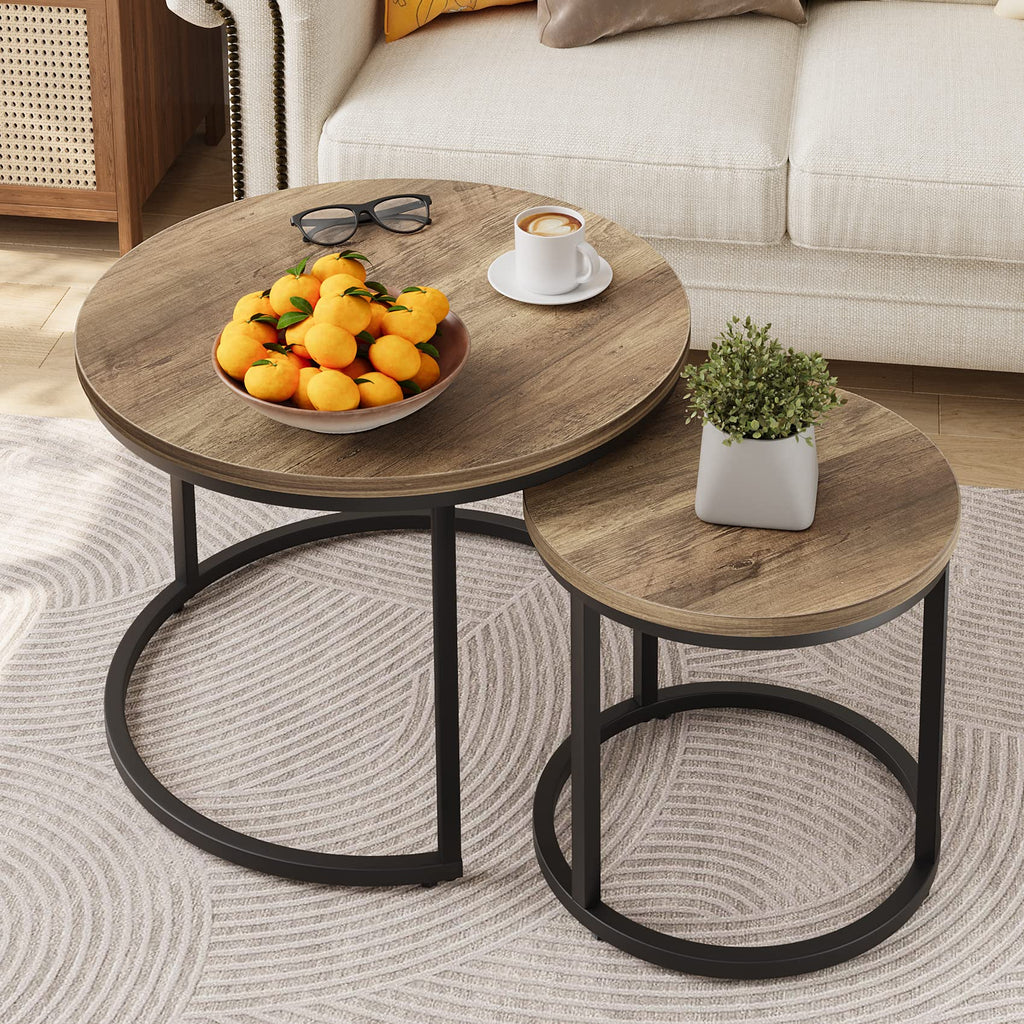 Smuxee Nesting Coffee Table Set of 2, 27.6" Round Coffee Table Wood Grain Top with Adjustable Non-Slip Feet, Industrial End Table Side Tables for Living Room Bedroom Balcony Yard