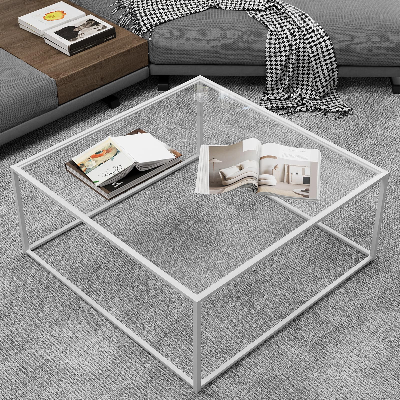 Glass Coffee Table Modern Center Table,Minimalist Coffee Table Sofa Side Tea Table for Living Room,Tempered Glass-top with Sturdy Metal Frame, Easy Assembly,26.4 x 26.4 x 15.7 Inches, Black