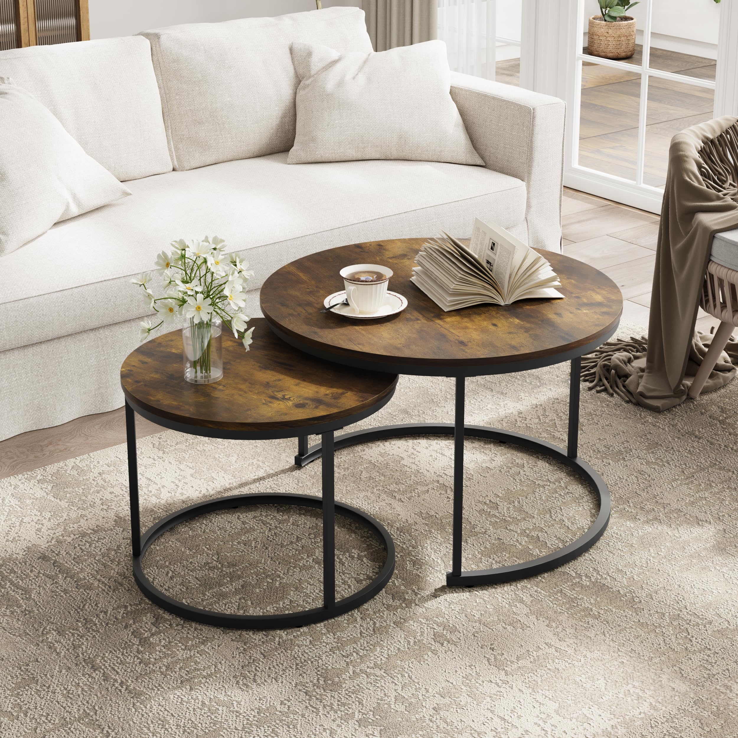 Smuxee Nesting Coffee Table Set of 2, 27.6" Round Coffee Table Wood Grain Top with Adjustable Non-Slip Feet, Industrial End Table Side Tables for Living Room Bedroom Balcony Yard
