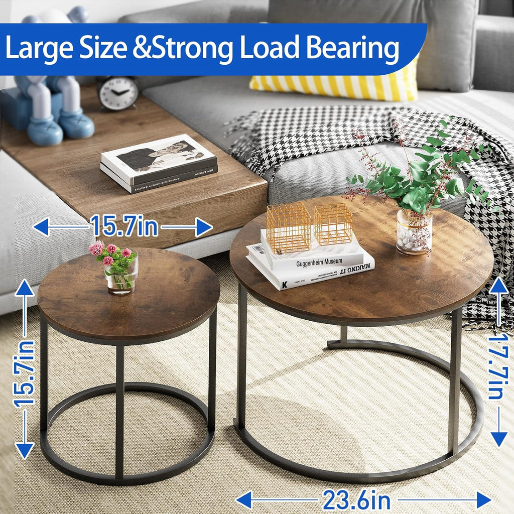 2 Pack Nesting Round Coffee Tables, Rustic Brown Side End Tables with Solid Metal Frame for Living Room Bedroom Apartment Industrial Nightstand