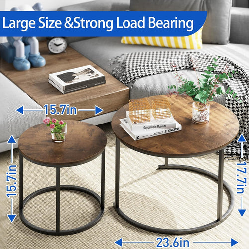 2 Pack Nesting Round Coffee Tables, Rustic Brown Side End Tables with Solid Metal Frame for Living Room Bedroom Apartment Industrial Nightstand