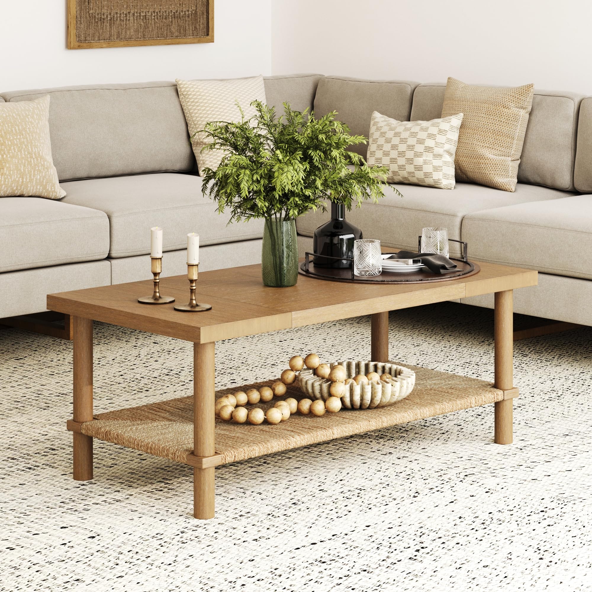 Nathan James Asher Mid-Century Rectangle Coffee Table Glass Top and Wood Finish Storage Shelf with Metal Legs, Walnut/Black