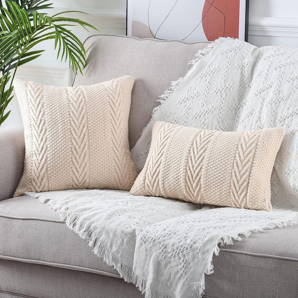 MANDIOO Cotton Knitted Decorative Throw Pillow Covers Soft Cozy Outdoor Cushion Cases Luxury Modern Pillowcases for Couch Sofa Bed 20x20 Inches Beige