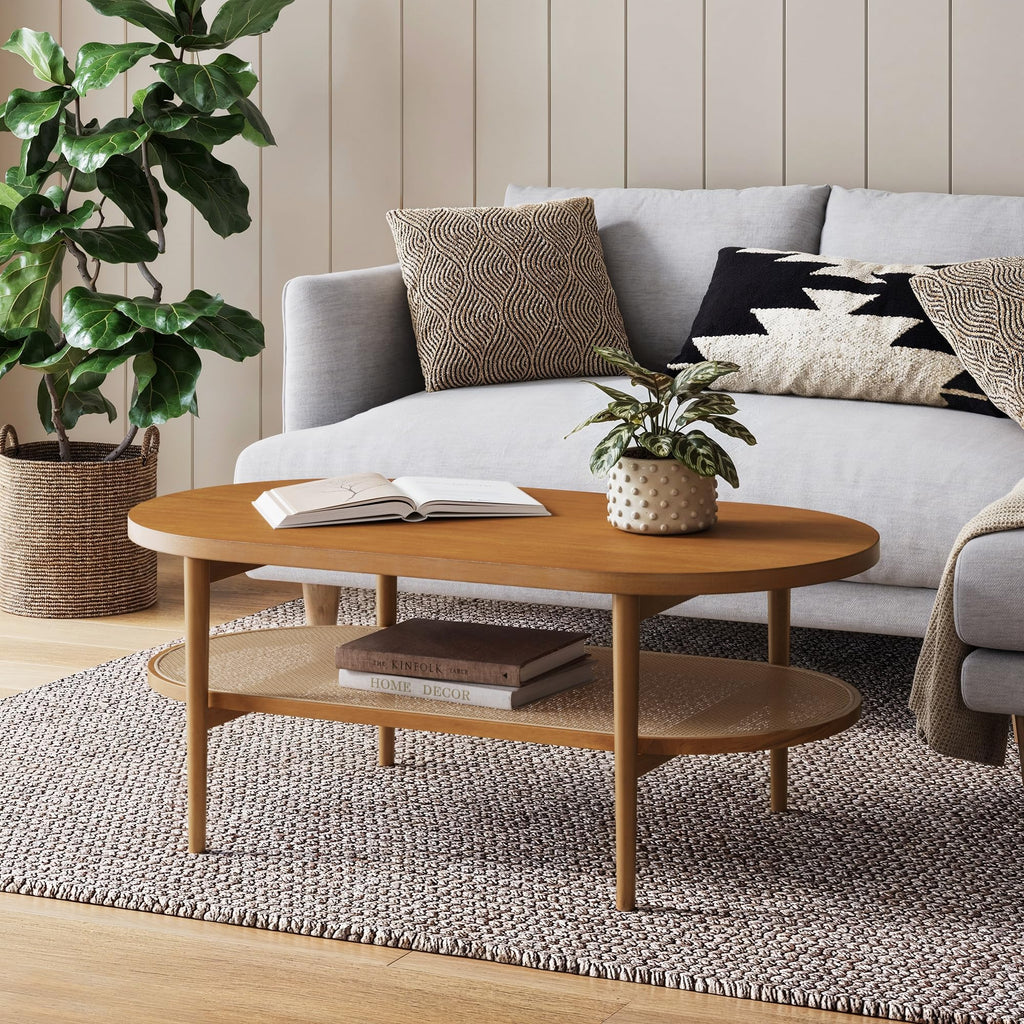 Nathan James Asher Mid-Century Rectangle Coffee Table Glass Top and Wood Finish Storage Shelf with Metal Legs, Walnut/Black