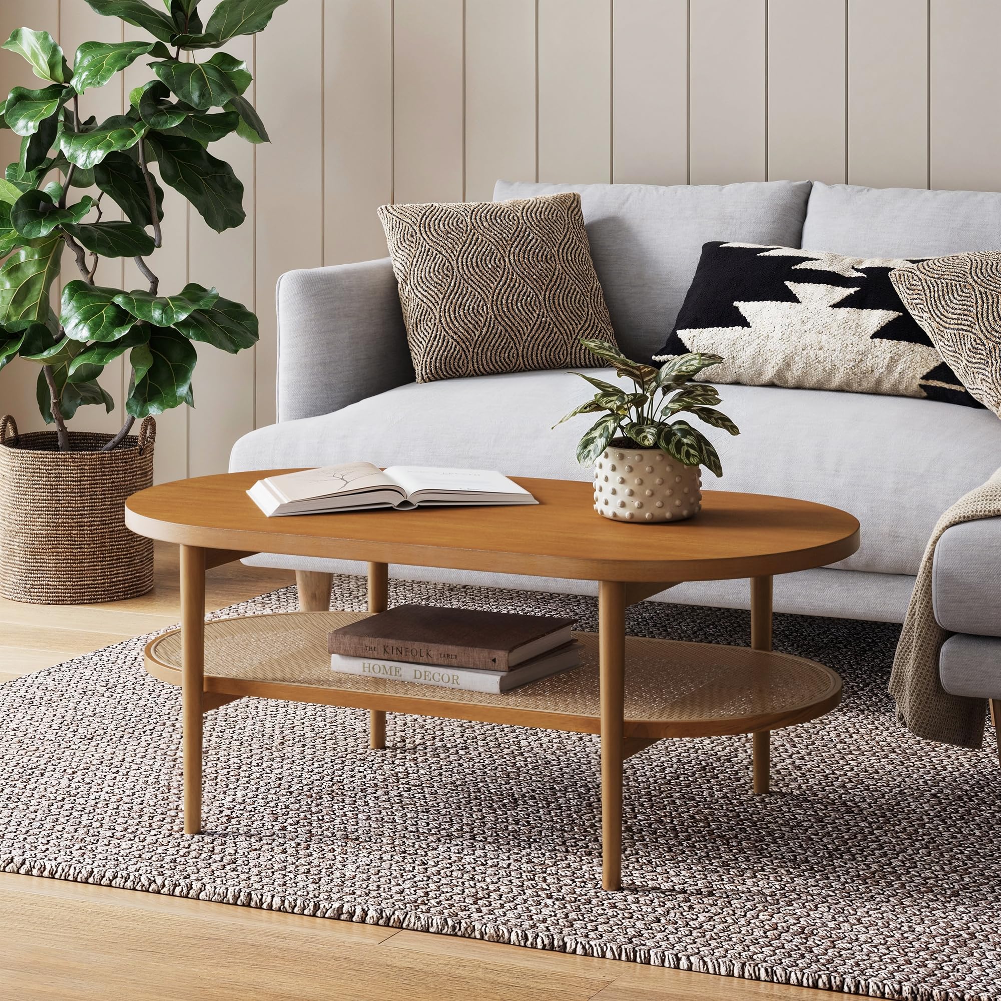 Nathan James Asher Mid-Century Rectangle Coffee Table Glass Top and Wood Finish Storage Shelf with Metal Legs, Walnut/Black