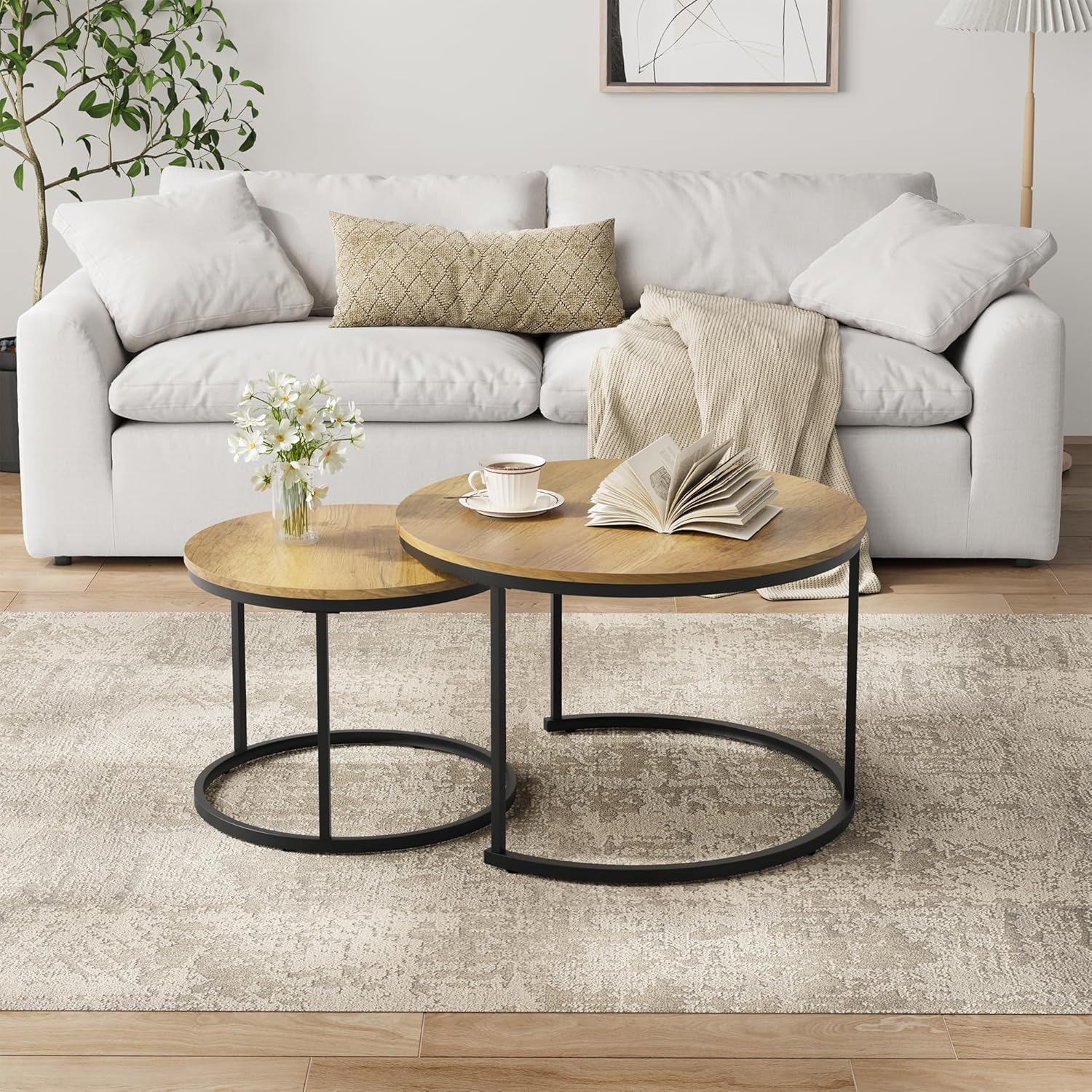 Smuxee Nesting Coffee Table Set of 2, 27.6" Round Coffee Table Wood Grain Top with Adjustable Non-Slip Feet, Industrial End Table Side Tables for Living Room Bedroom Balcony Yard