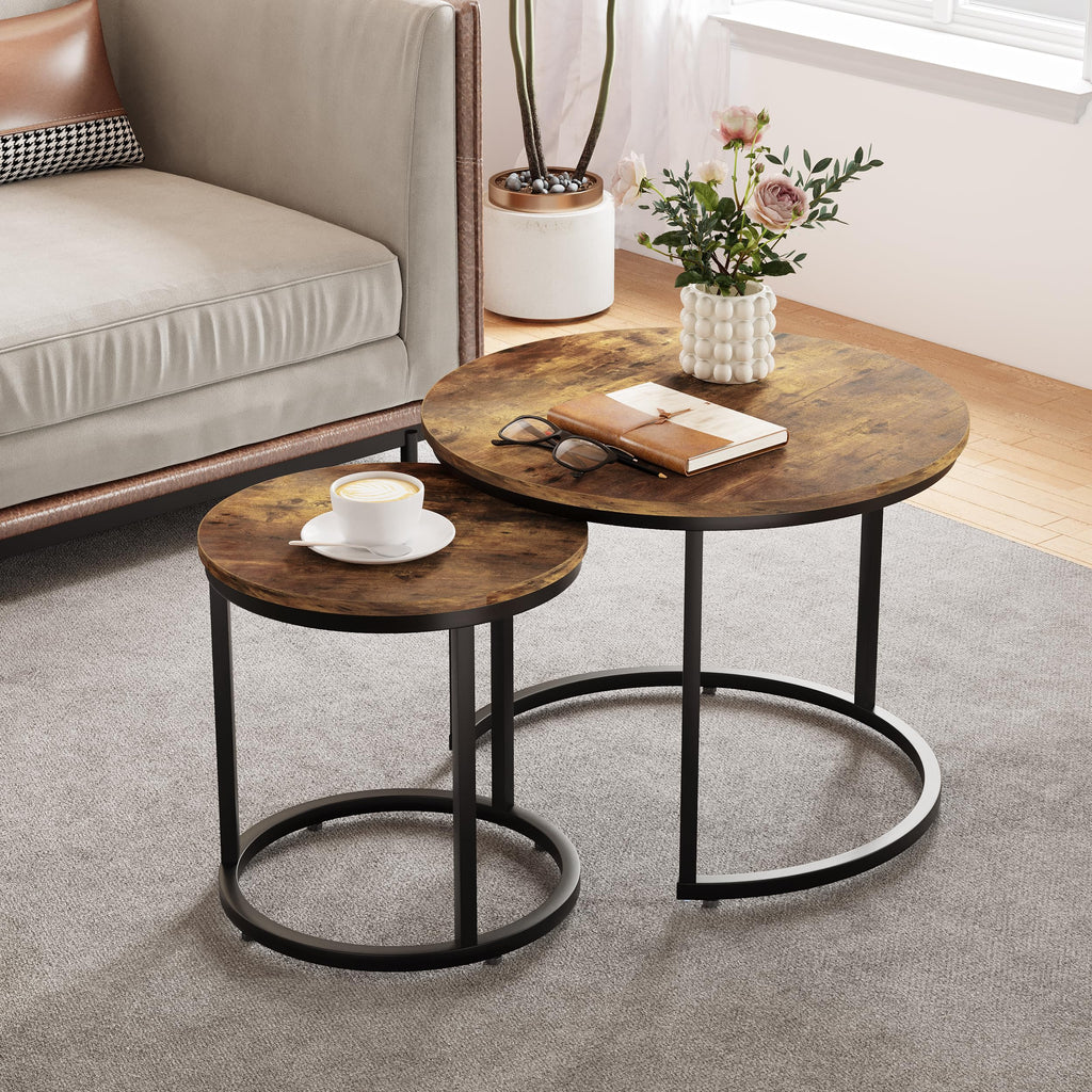 Smuxee Nesting Coffee Table Set of 2, 27.6" Round Coffee Table Wood Grain Top with Adjustable Non-Slip Feet, Industrial End Table Side Tables for Living Room Bedroom Balcony Yard